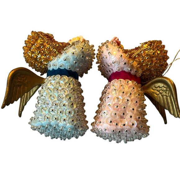 Vtg Sequin Push Pin Christmas Ornament Angel Blue Boy Pink Girl Brother Sister - Picture 7 of 12